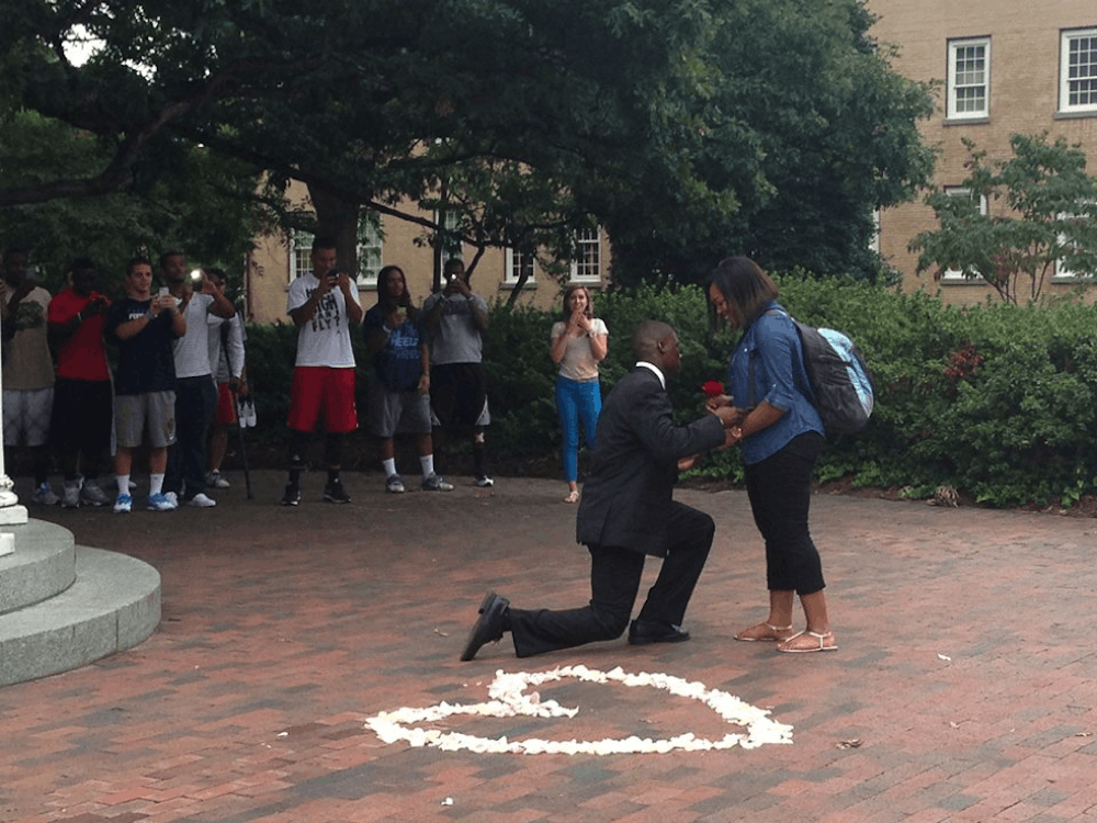 	Sean Tapley, a wide receiver for the football team, proposed to his longtime girlfriend Britney Smith, a senior at UNC, on the first day of classes — at the same place where they first met. 