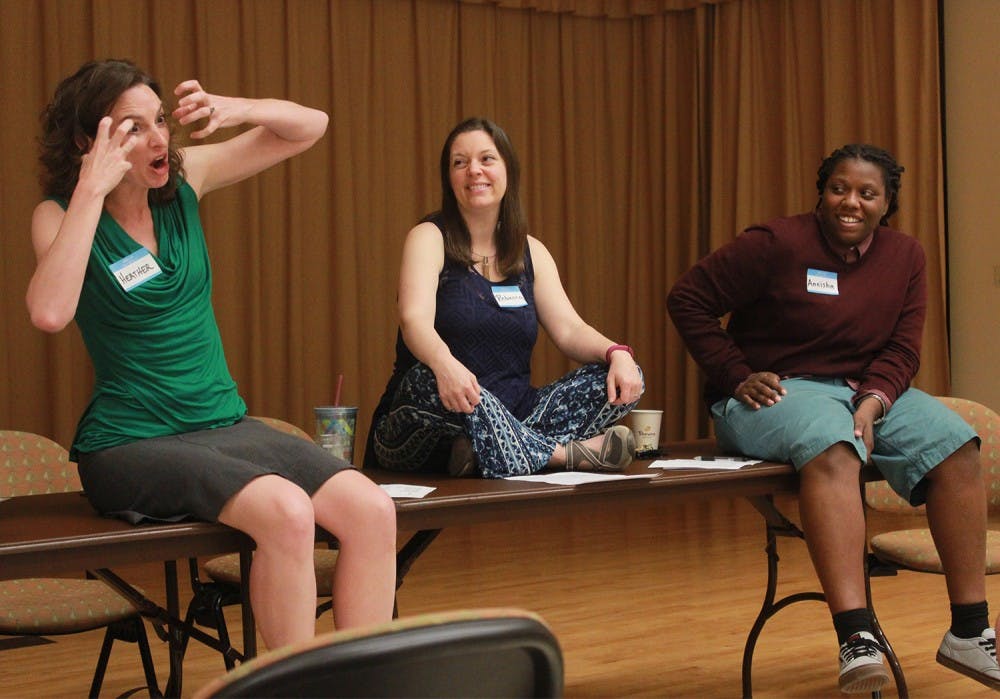 Heather Strickland (left), Rebecca Blum (center), and Aneisha Montague of Bare Theatre spoke on a panel on gender and theater, sponsored by the Carolina Women's Center, in the Stone Center Tuesday night.