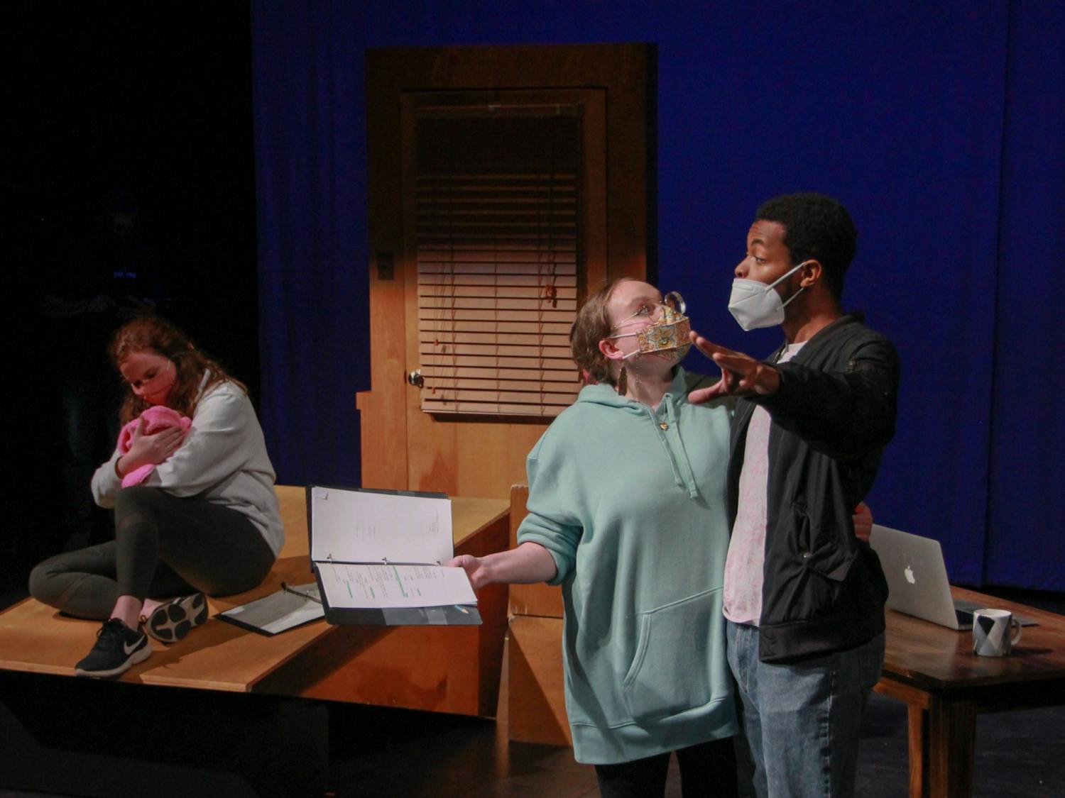 Writing for the screen and stage minor students Lauren Ragsdale, Grace Siplon, and Christian Pressley rehearse 'Hand Me Downs' at the Swain Hall theater on Oct. 27, 2021.