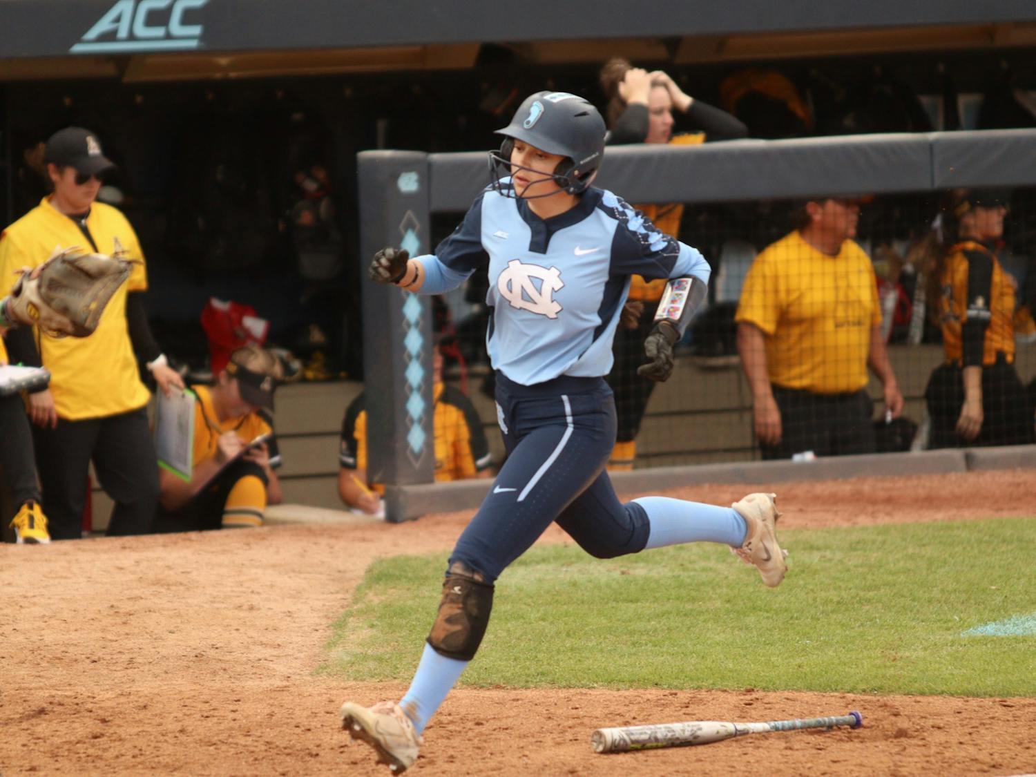 Outfielder Bri Stubbs (27) runs safely to home base, scoring a run for UNC. UNC softball defeated Appalachian State 8-4 at home on Wednesday, March 30, 2022.