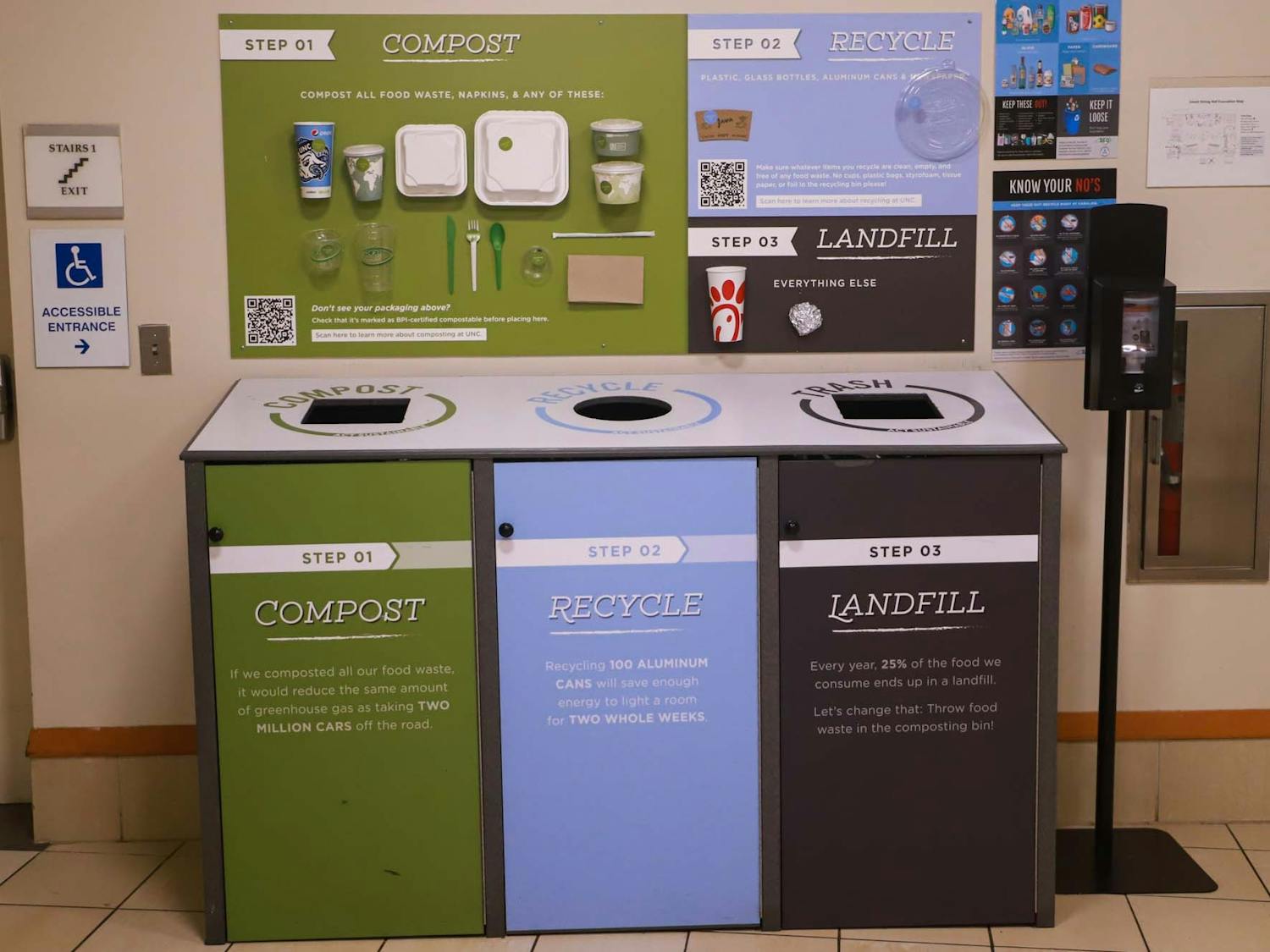 The University of North Carolina’s new “Green Guides” directing people where to put their waste are pictured in Lenoir Dining Hall on Tuesday, Oct. 11, 2022.