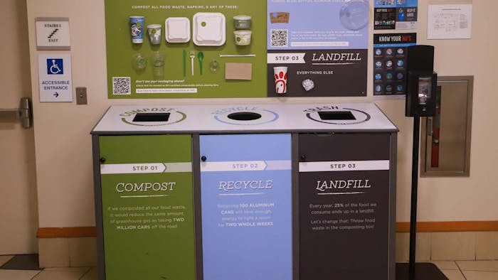 The University of North Carolina’s new “Green Guides” directing people where to put their waste are pictured in Lenoir Dining Hall on Tuesday, Oct. 11, 2022.