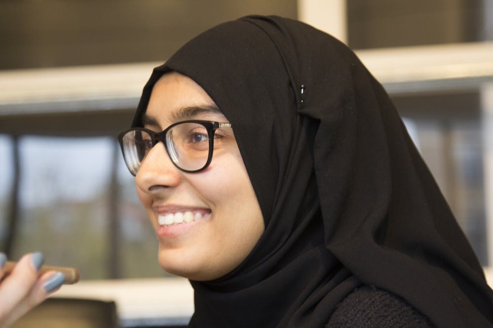 Student entrepreneur and Traditional Kitchens director Anum Imran talks about her experiences starting her own business on Wednesday Nov. 14, 2018 at the 1789 Venture Lab on Franklin St. "Economic development of minority populations is really important to me." Imran's Traditional Kitchens is led by refugee women. 