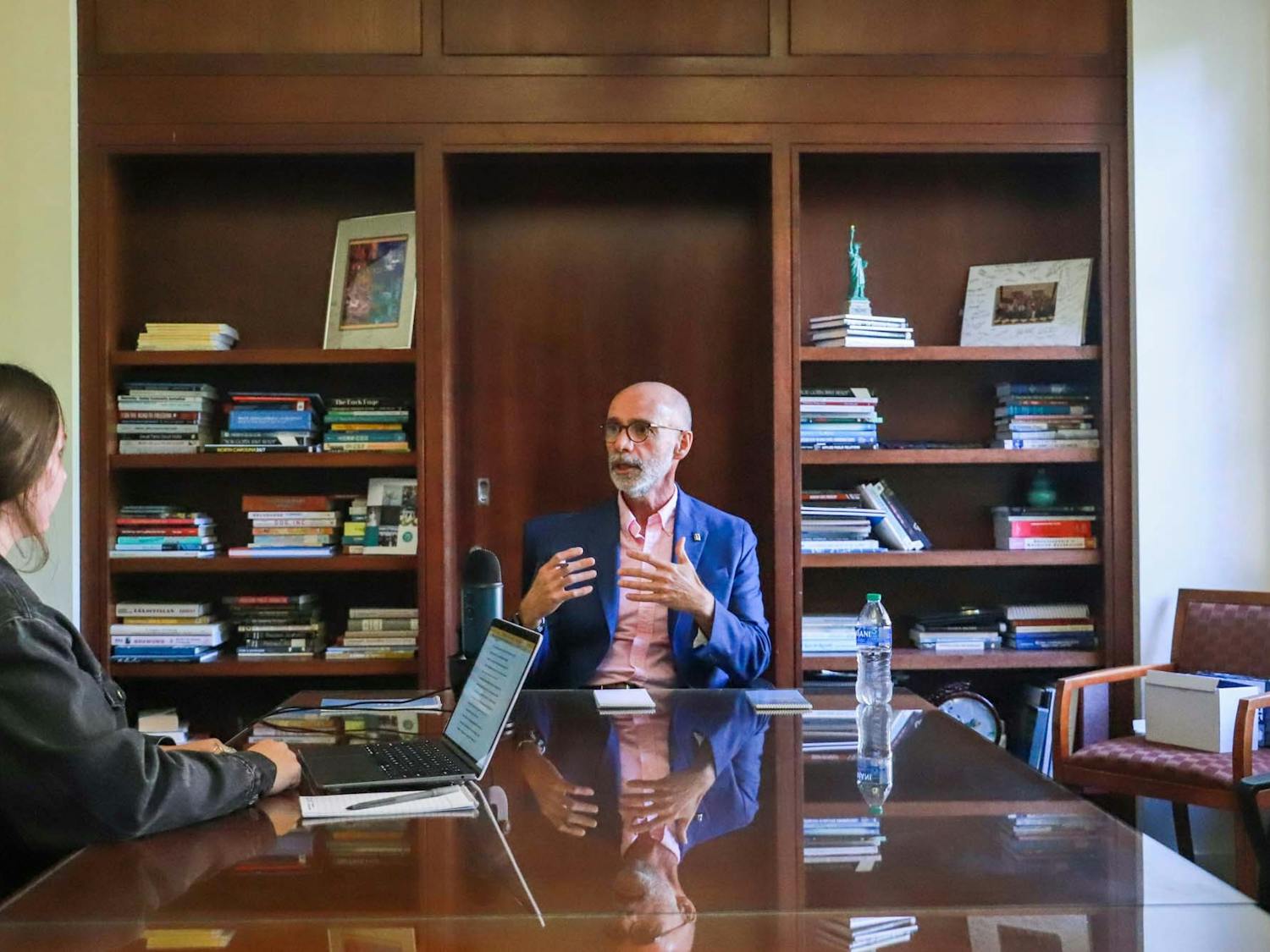 Raul Reis, the new Dean of the Hussman School of Journalism and Media, is interviewed by Liv Reilly in the Dean’s Suite on September 1, 2022.