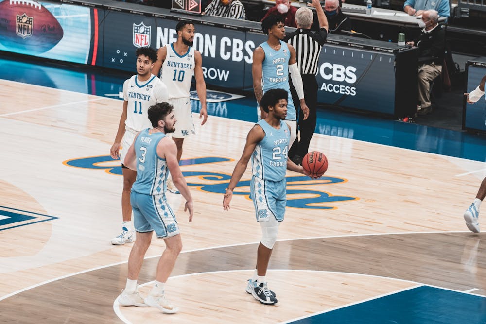 UNC first year guard Kerwin Walton (24) dribbles the ball during the downtime of a game against Kentucky on Saturday, Dec. 19, 2020. UNC beat Kentucky 75-63. Photo courtesy of University of CBS Sports Classic Media. 