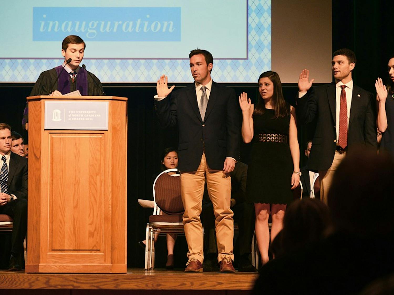 Junior Houston Summers taking his oath to office as UNC Student Body President for the 2015-2016 academic year in the Great Hall on Tuesday. He succeed former SBP Andrew Powell. 
