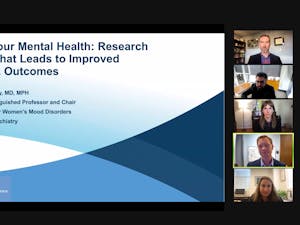Screenshot from the Nov. 8 panel covering the impact of pandemic stress on mental health, and how current research at UNC is driving innovations in neuroscience that lead to new treatments and better outcome.