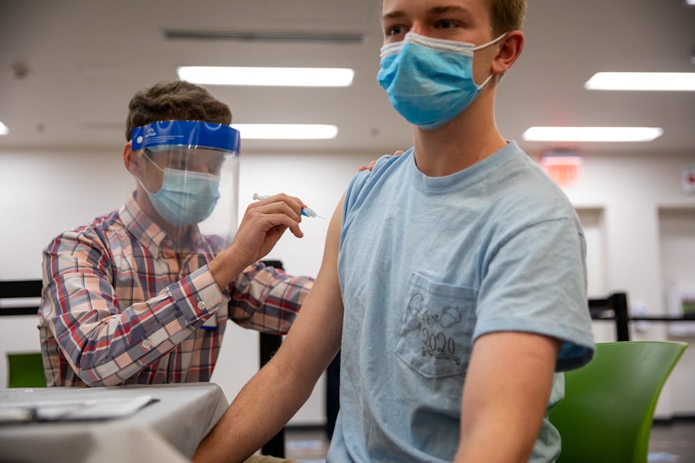 The first vaccine dose given at UNC’s vaccination clinic is administered in the Student Union on March 31, 2021. As North Carolina began to allow college students to receive coronavirus vaccines, UNC opened a clinic on campus where students can receive the Johnson & Johnson vaccine.
