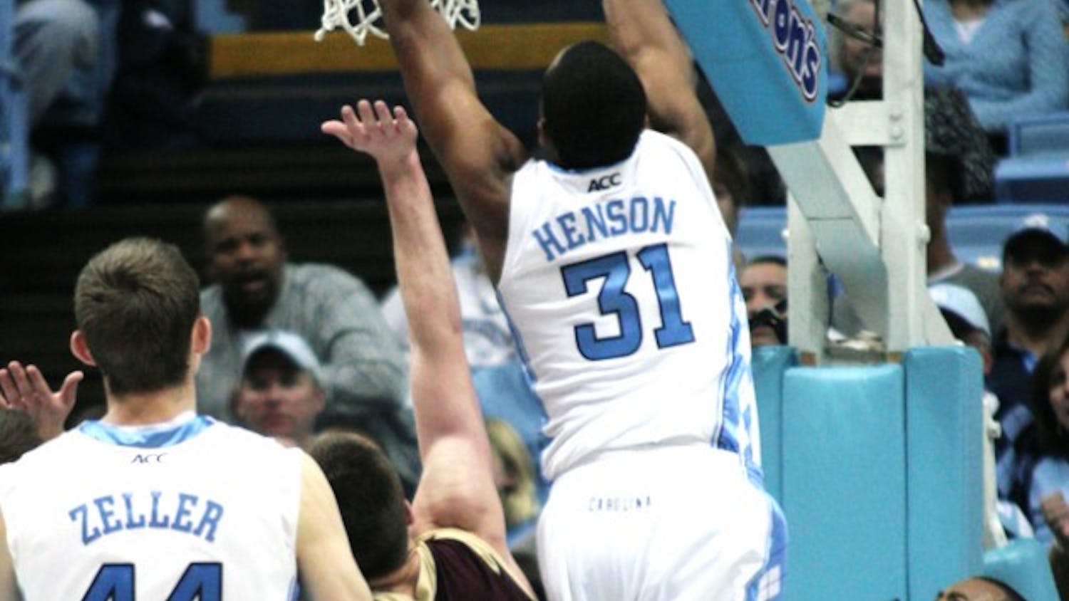 North Carolina’s John Henson goes up for a block against Charleston. The Tar Heels have won four consecutive ACC/Big Ten Challenge games.