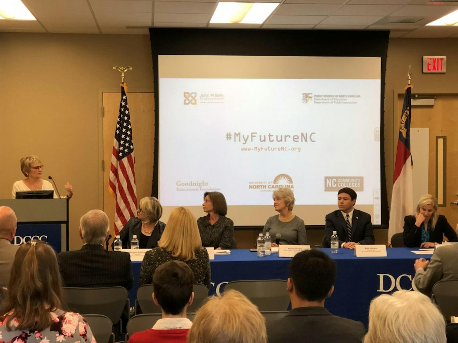From left to right: Mary Rittling, president of the Davidson County Community College; UNC-system President Margaret Spellings; Jennifer Haygood, acting president of the N.C. Community College System; Ann Goodnight of the Goodnight Education Foundation; N.C. Superintendent Mark Johnson; MC Belk Pilon, chairperson of the John M. Belk Endowment. Photo courtesy of Kristy Teskey, executive director of My Future NC.