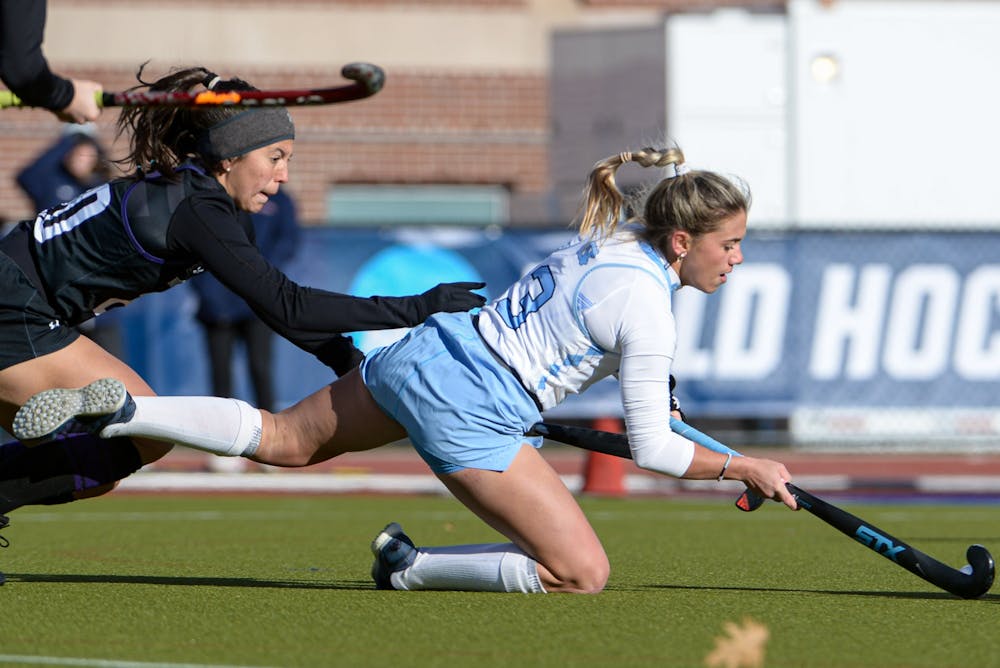 UNC first-year forward/midfield Ashley Sessa (3) shoots the ball during the NCAA Field Hockey Championship game against Northwestern in Storrs, Conn. on Sunday, Nov. 20, 2022. UNC beat Northwestern 2-1.