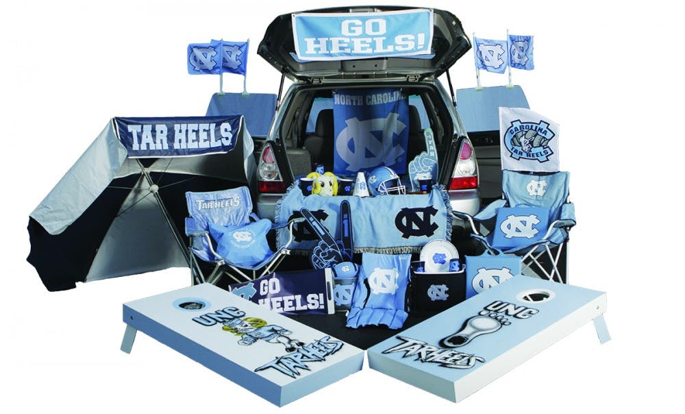 	Tailgate spots are given to alumni. Spots are awarded based on points for previous tail gates. Merchandise courtesy of UNC Student Stores.