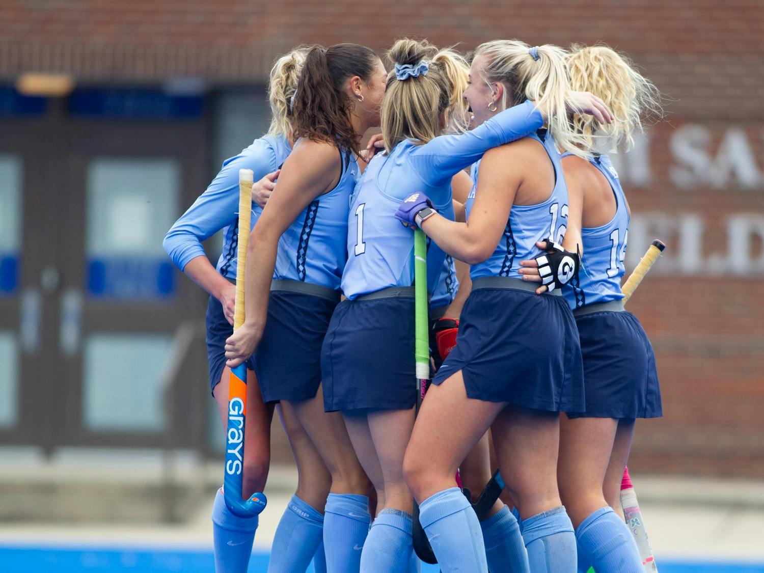 UNC Field Hockey meets on the field in celebration after scoring a point during a game against Duke on Saturday, Oct. 29, 2022, at Jack Katz Stadium in Durham, N.C.