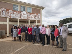 UNC Project-Malawi leadership team poses outside of the new annex building in Lilongwe, Malawi in June 2017. The annex building houses the project's state-of-the-art pathology laboratories. 

Photo by Jon Gardiner. Photo courtesy of UNC Project-Malawi.
