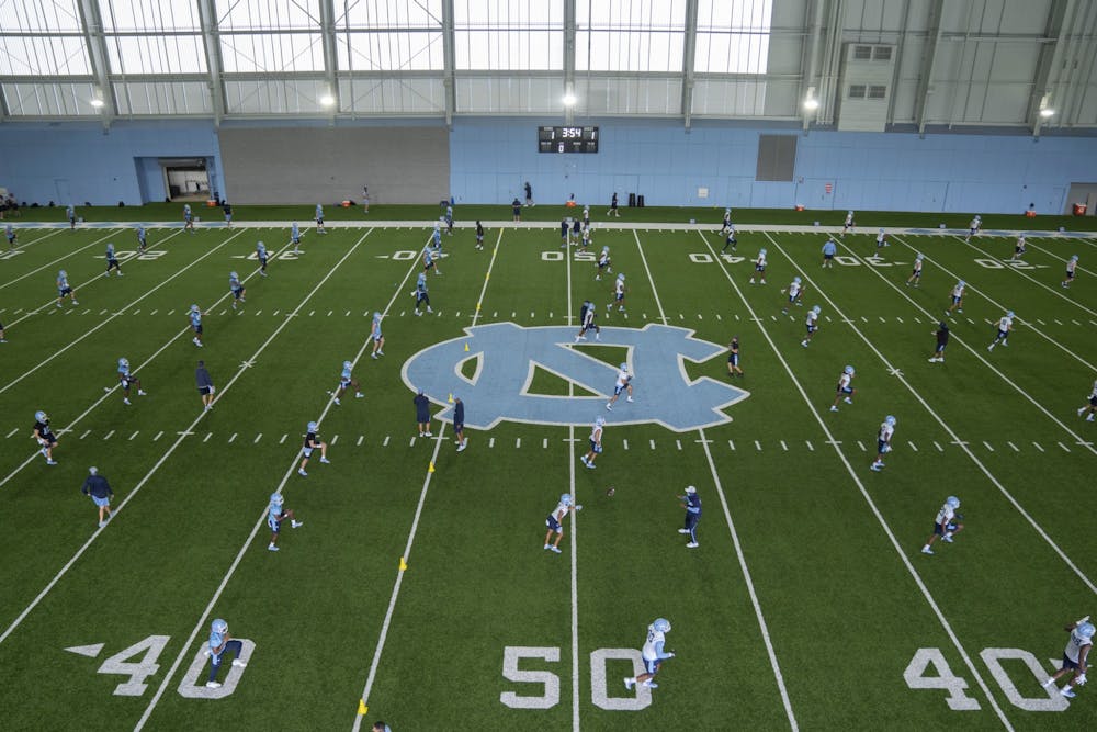 <p>UNC Football team practices in Koman Practice Complex on Friday, Aug. 6, 2020. Photo courtesy of UNC Athletics Communications.</p>
