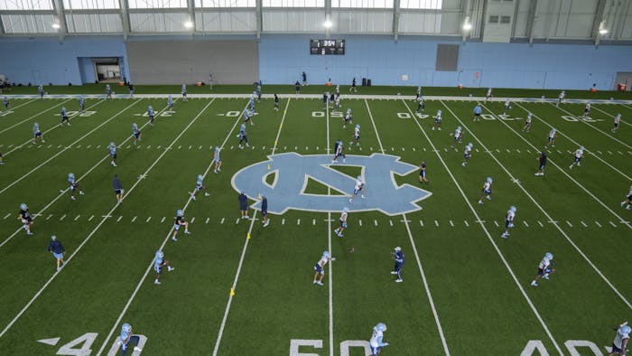 UNC Football team practices in Koman Practice Complex on Friday, Aug. 6, 2020. Photo courtesy of UNC Athletics Communications.