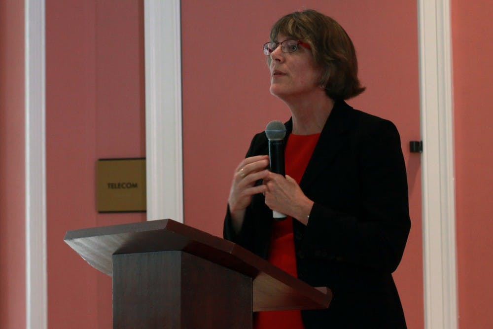 Dr. Laurie Maffley-Kipp, a candidate for the position of Dean of the College of Arts and Sciences, speaks to members of the university public and to the Dean Search Committee in Gerrard Hall on Oct. 8. 