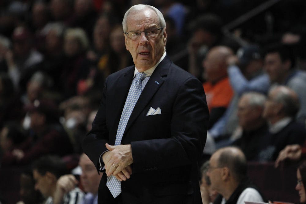 Head Coach Roy Williams reacts during the game against Virginia Tech on Wednesday, Jan. 22, 2020 in Cassell Coliseum. After two overtimes, UNC fell to VT 79-77.