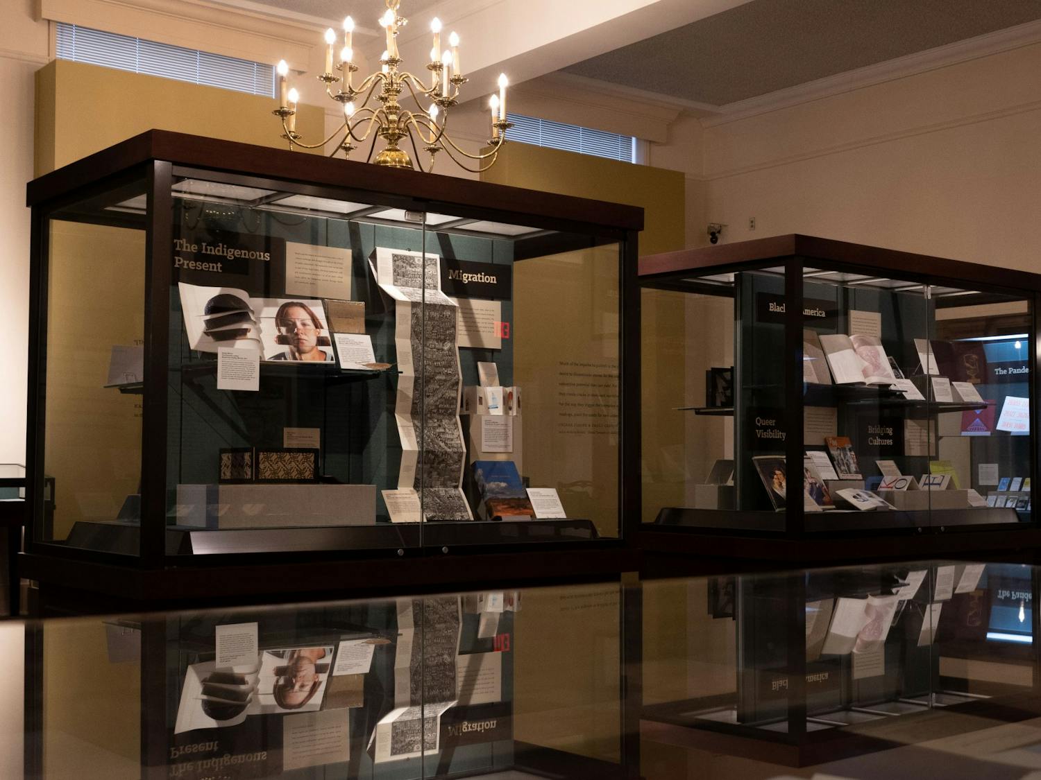 Wilson Library's current exhibition, 'Every Book a Mirror,' confronts present-day social issues through artists' books and zines from the Sloane Art Library's collection. The exhibit, housed in Wilson Library's Special Collections room, is photographed on Wednesday, Jan. 25, 2023.