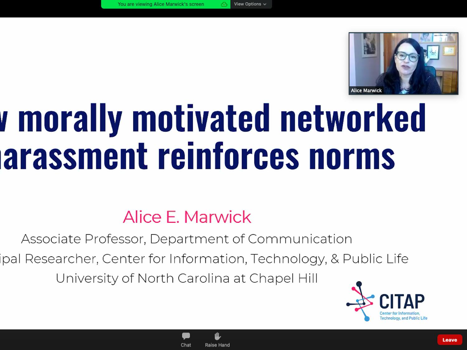 DTH screenshot. Alice E. Marwick, associate professor in the department of communications, speaks at the Hettleman Talks on Nov. 9.