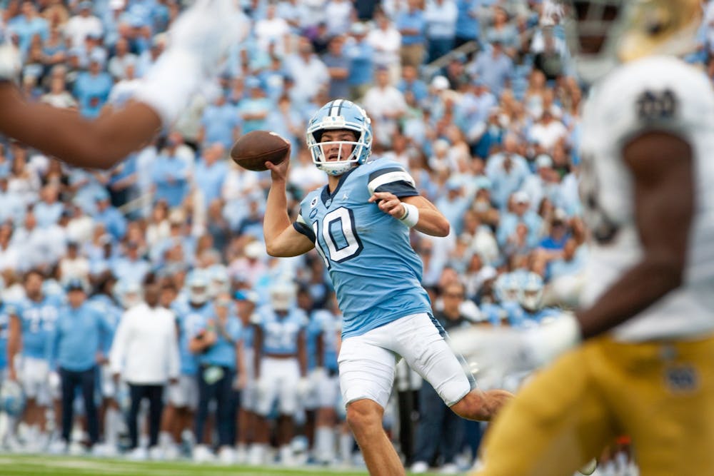 UNC freshman quarterback, Drake Maye throws a pass in Kenan Stadium on Sept. 24, 2022, during the UNC game against Notre Dame. UNC lost 45-32.