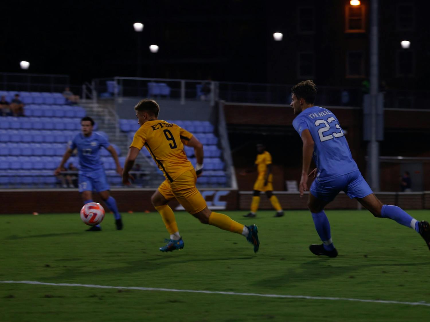 UNC graduate Til Zinhardt (2) defends against East Tennessee State on Tuesday, Sept. 13, 2022 at the UNC men's soccer game at Dorrance Field.