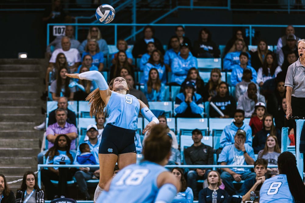 <p>UNC sophomore Mabrey Shaffmaster (9) rises up in the third set of the volleyball match against Louisville on Sunday, Nov. 13, 2022. UNC fell 3-0 to Louisville.</p>