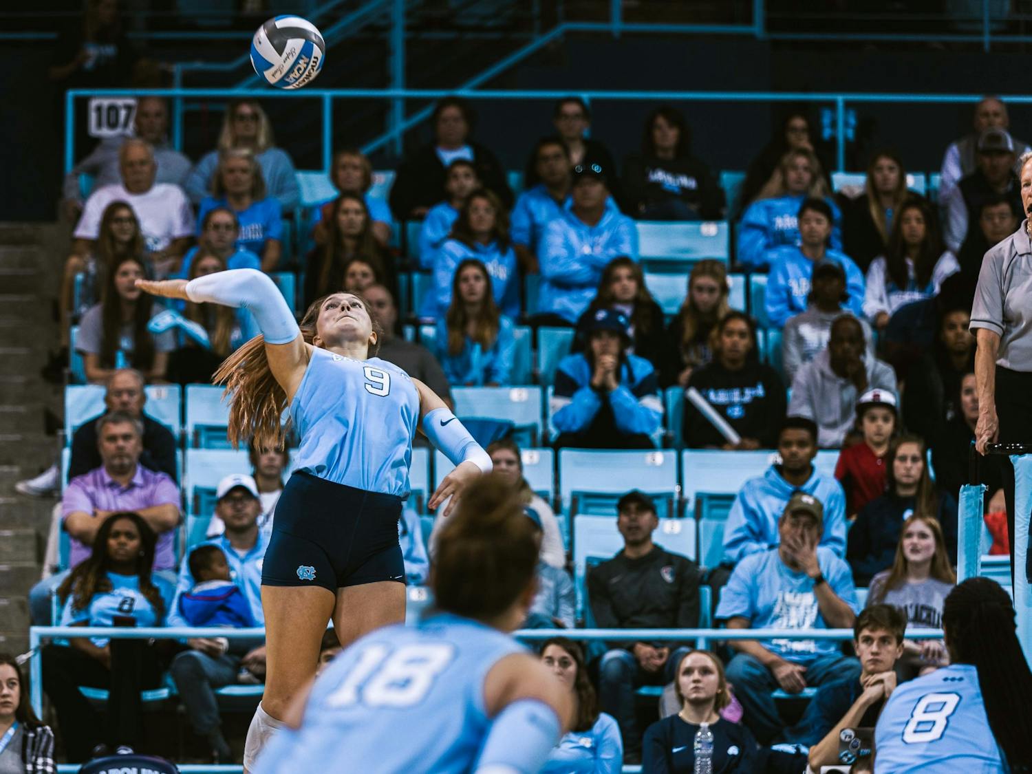 UNC sophomore Mabrey Shaffmaster (9) rises up in the third set of the volleyball match against Louisville on Sunday, Nov. 13, 2022. UNC fell 3-0 to Louisville.
