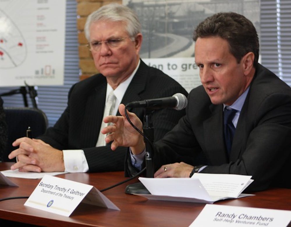 U.S. Treasury Secretary Timothy Geithner spoke with local officials in Durham about the tax credit program. DTH/Mary Lide Parker