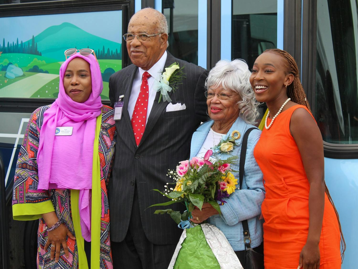The Town of Chapel Hill renamed the Chapel Hill Transit Facility after former Chapel Hill Mayor and state Senator Howard Lee and his wife Lillian Lee at a ceremony on Monday, June 21, 2022. Paris Miller-Foushee, Howard Lee, Lillian Lee and Teddy Vann gather after the ceremony.&nbsp;