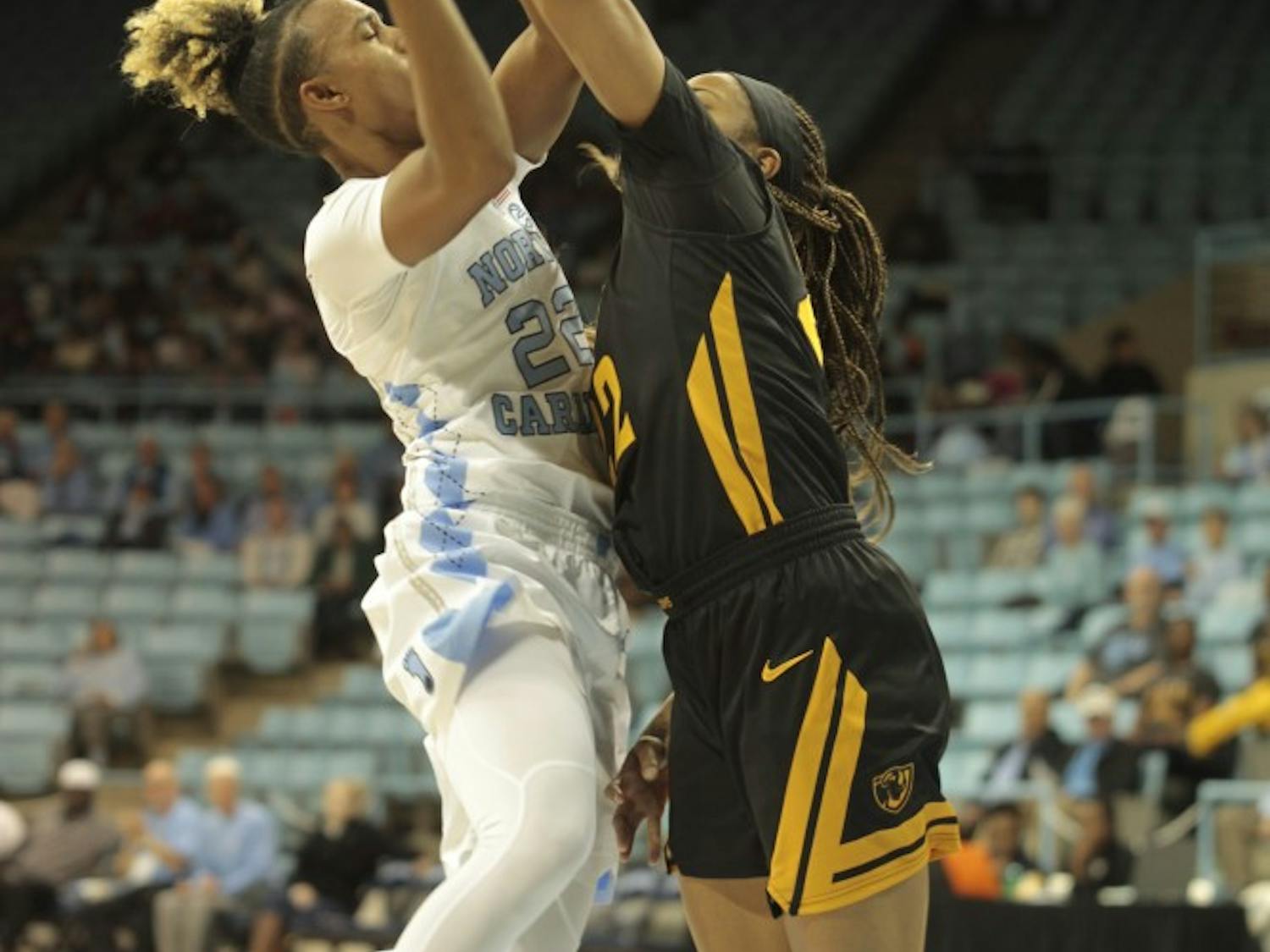 Senior guard Paris Kea (22) goes up for a basket during Wednesday's game against Virginia Commonwealth University at Carmichael Arena. UNC won 59-47.