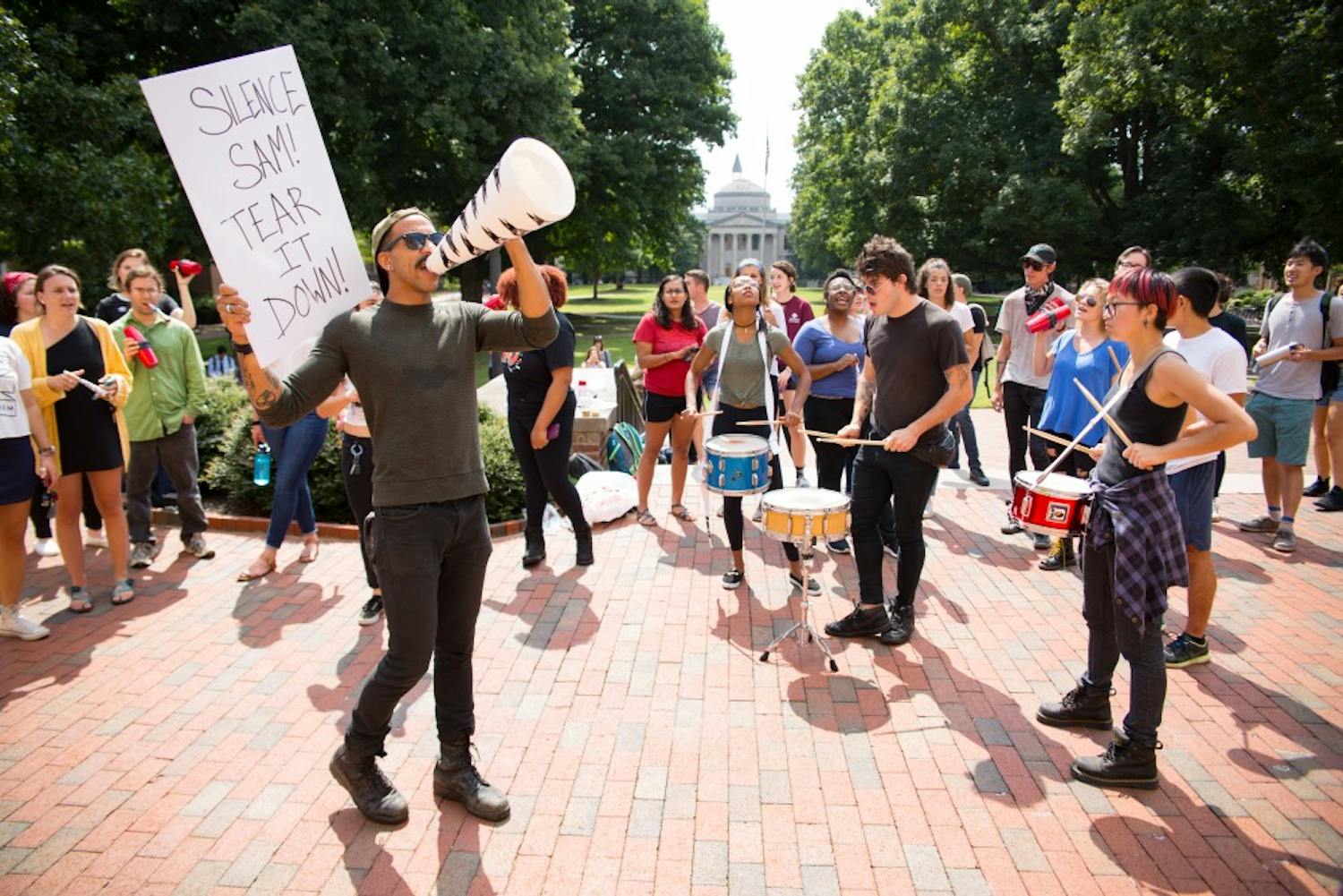 A noise demonstration was held outside South Building on Wednesday afternoon. Demonstrators used drums, pots, pans and noise makers to protest the Silent Sam statue on campus.&nbsp;