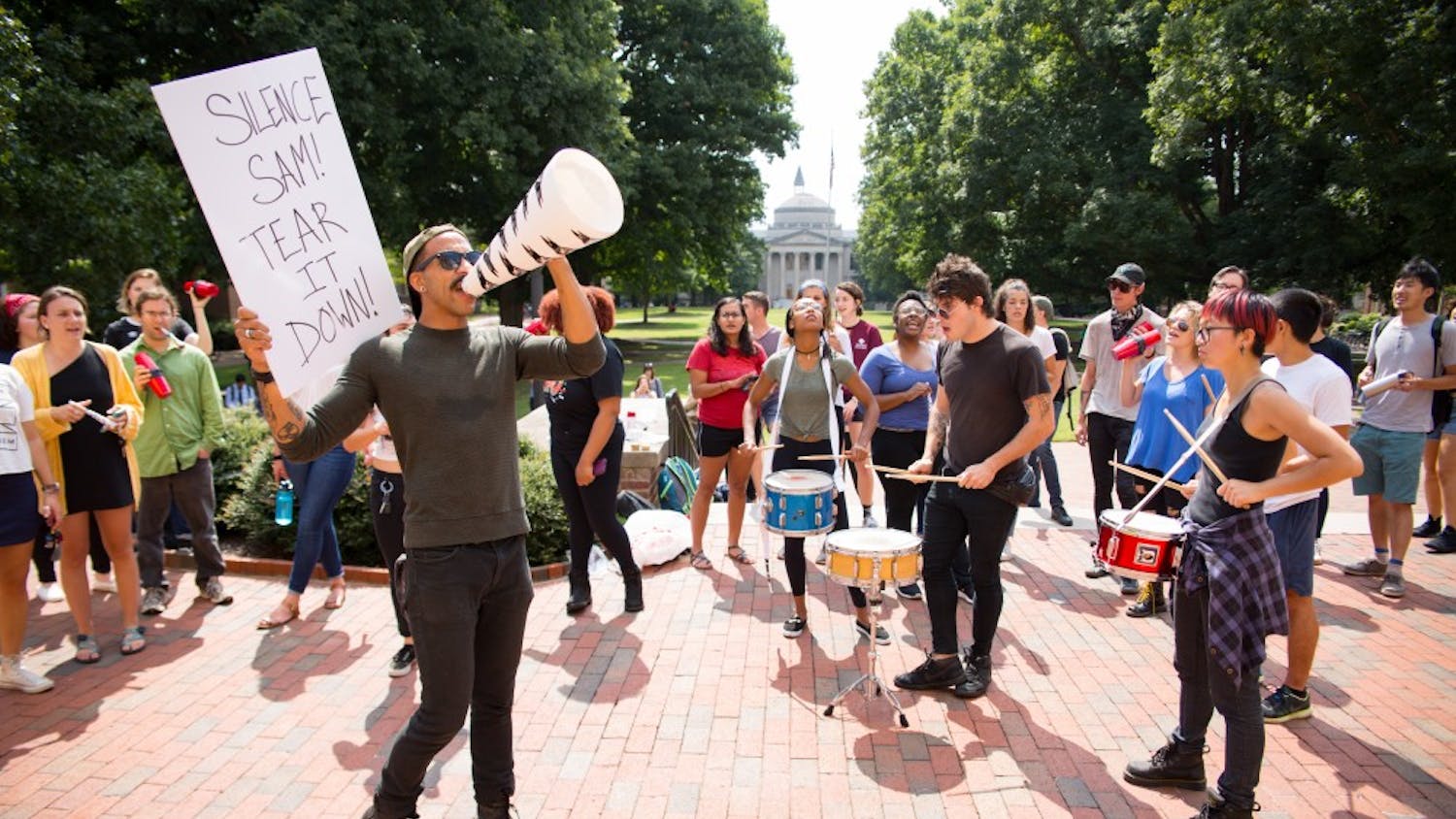 A noise demonstration was held outside South Building on Wednesday afternoon. Demonstrators used drums, pots, pans and noise makers to protest the Silent Sam statue on campus.&nbsp;