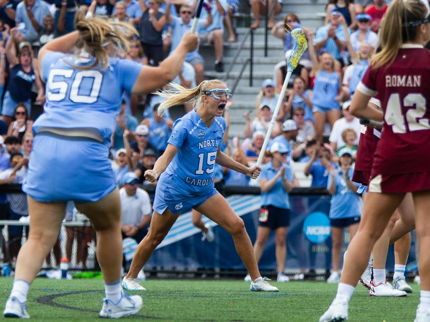 Fifth-year attacker Scottie Rose Growney (15) celebrates after scoring a goal during UNC’s NCAA national championship game against Boston College at Homewood Field in Baltimore, Md. on May 29, 2022. UNC won 12-11.