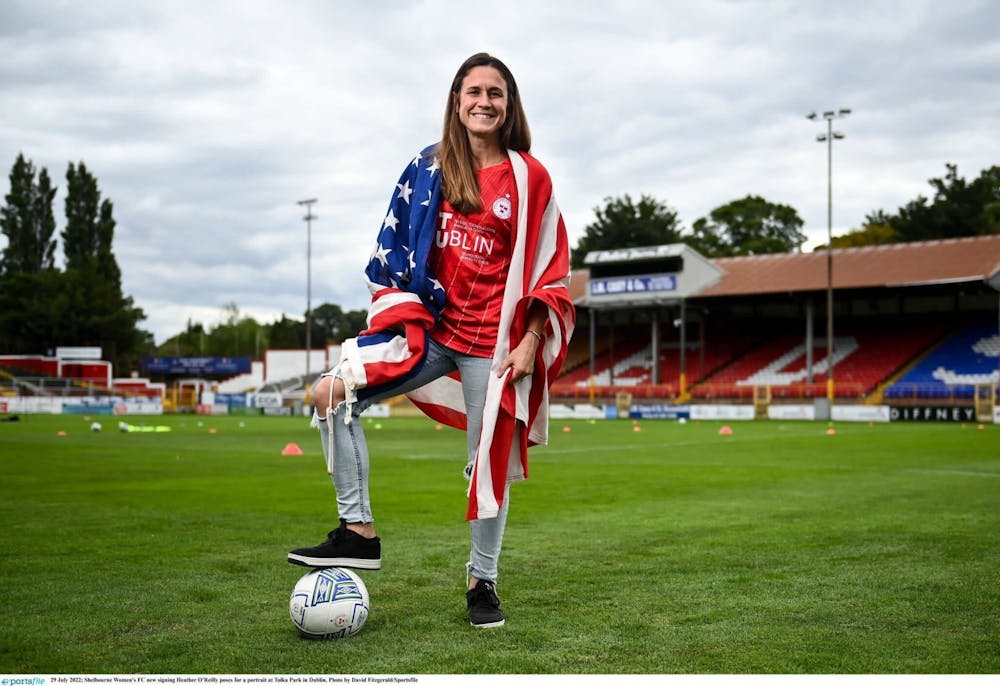 <p>Heather O'Reilly poses for a portrait at Tolka Park in Dublin, Ireland. Photo Courtesy of Heather O'Reilly</p>