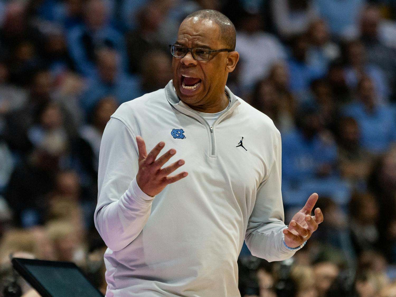 UNC head coach Hubert Davis questions a referee call during the men's basketball game against The Citadel at the Dean Smith Center on Tuesday, Dec. 13, 2022. UNC beat The Citadel 100-67.