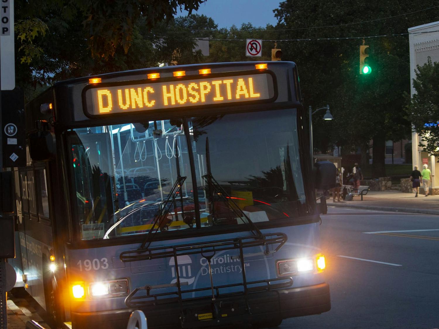 A Chapel Hill Transit bus on the D Route at a bus stop on Franklin Street on Wednesday, Aug. 26, 2020.
