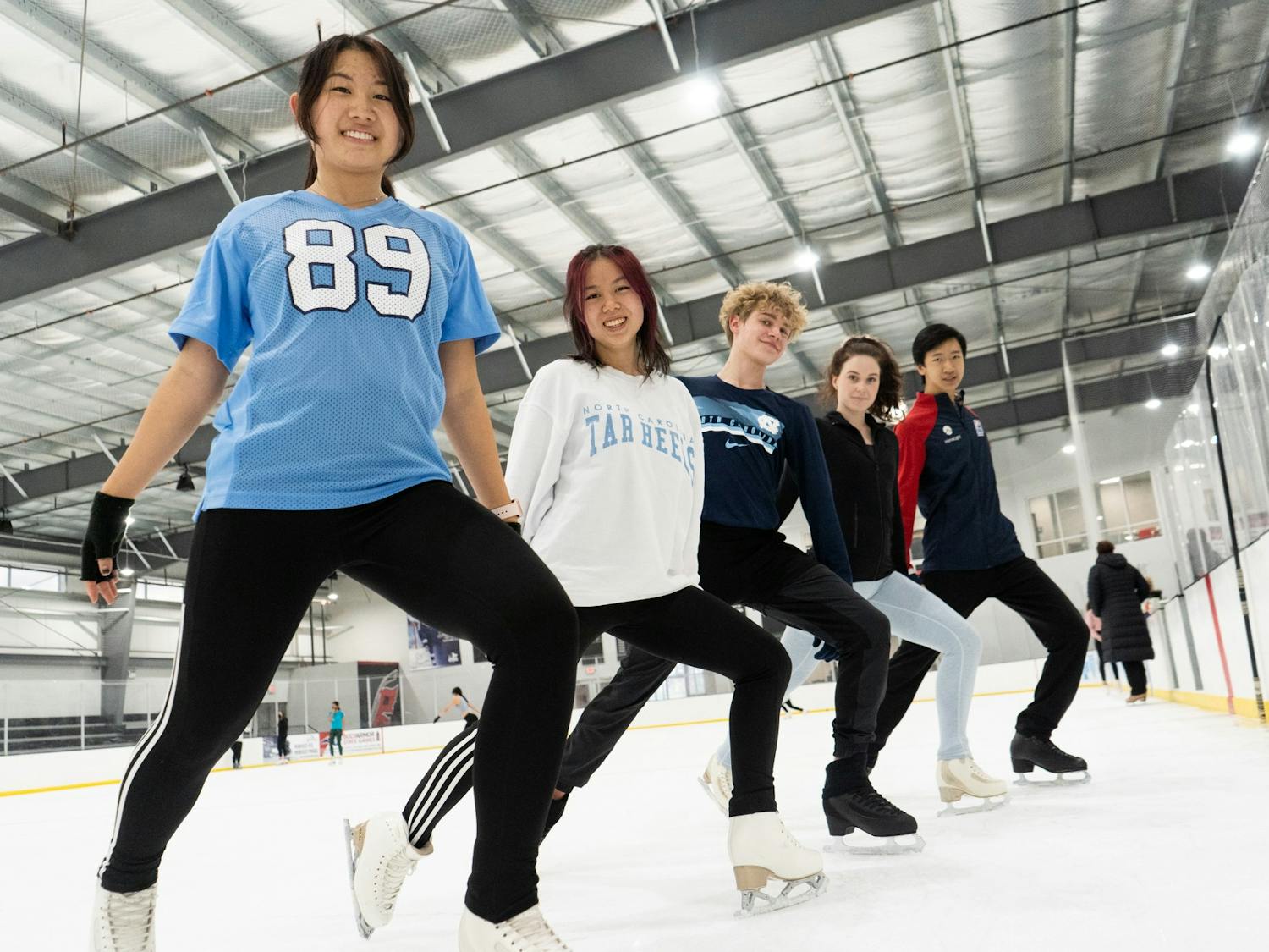Members of the UNC Figure Skating Club pose for a portrait at the Wake Competition Center in Cary, N.C. on Wednesday, Feb. 23, 2022. The club organizes practices for skaters of all levels and holds public skates on Fridays.