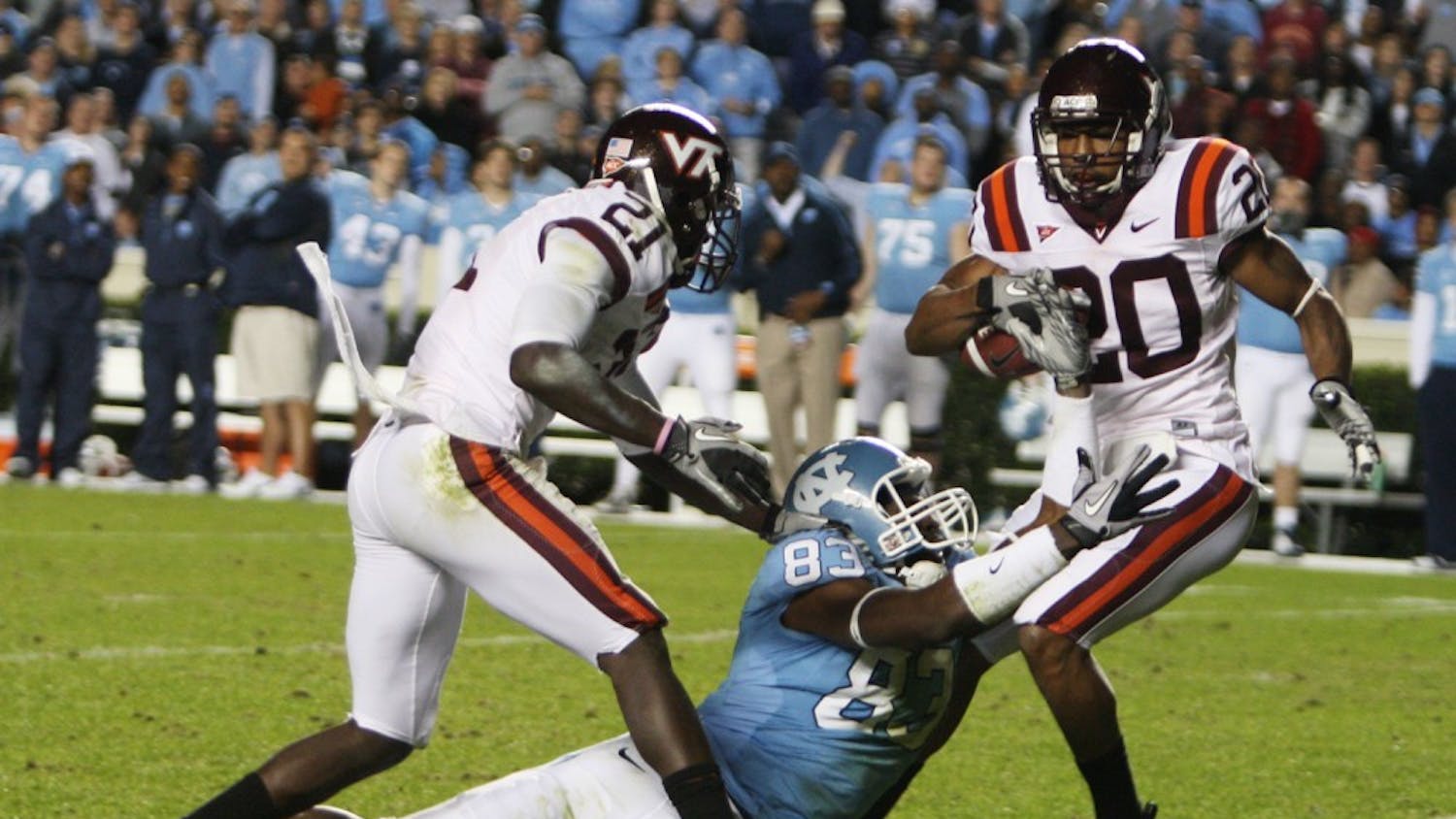Jayron Hosley (20) comes up with one of four Virginia Tech interceptions on Saturday. Dwight Jones (83) tallied only one catch after being the team’s top wide receiver as of late.