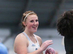 First-year Emily Malone prepares to compete in the shot-put event at the Dick Taylor Carolina Cup in the Eddie Smith Field House on Saturday, Jan. 12 2019.