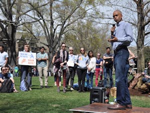 Duke alum Kevin Primus speaks at the Light Rail Rally in front of the Allen Building on Duke's campus on Friday, March 29, 2019. 