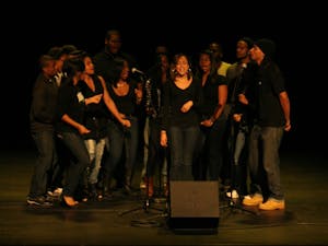 A cappella group Harmonyx performs a song for the reopening of the Historic Playmakers Theatre on Tuesday. The night was celebrated with poetry readings put on by CUAB, Ebony Readers Onyx Theater and others. Def Jam poet Shihan Van Clief presented open-mic poets.