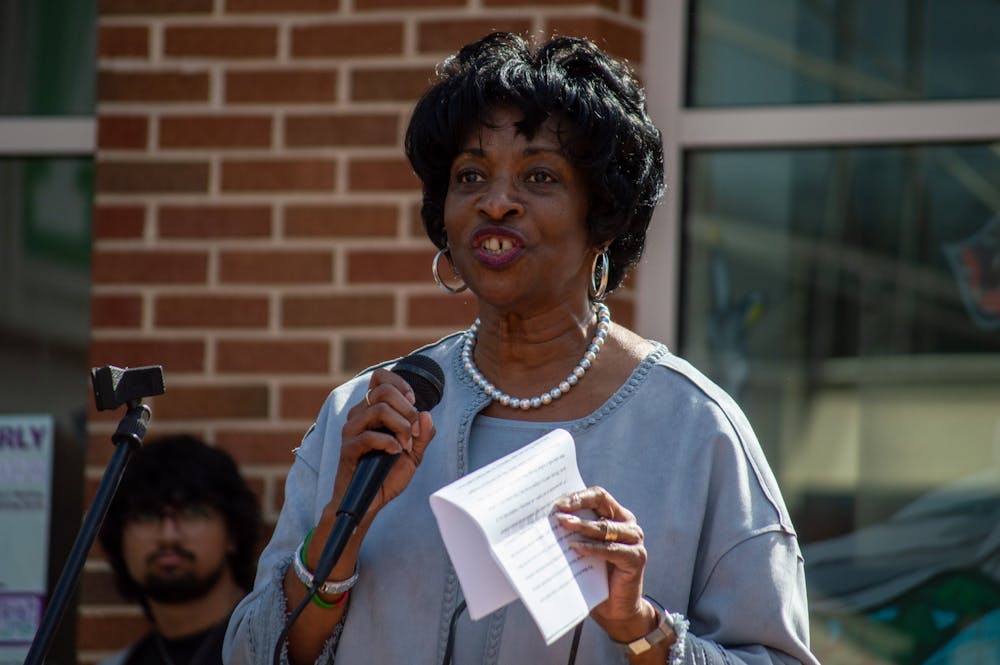 Valerie Foushee, a candidate for the North Carolina 4th Congressional District,  speaks at the Protest for Democracy on Friday, Oct. 28, 2022.