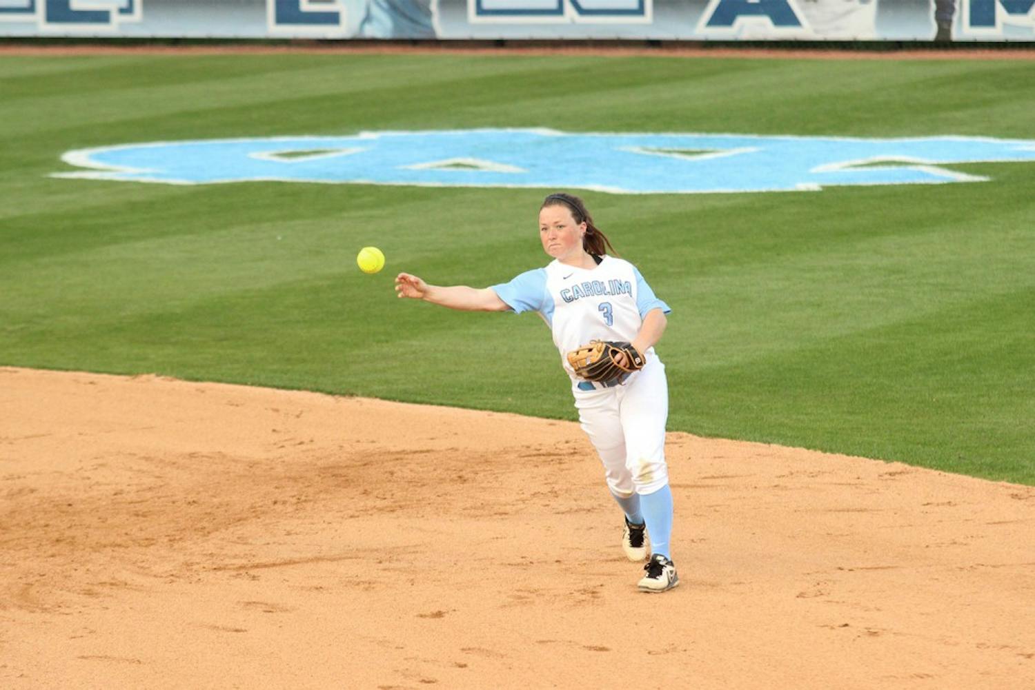 No. 3 Erin Satterfield (SS) throws to first during the double header showdown UNC vs. Nortre Dame on Wednesday. 