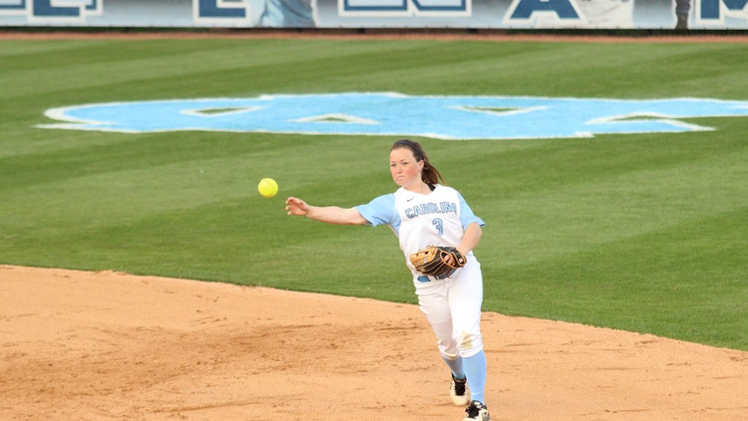 No. 3 Erin Satterfield (SS) throws to first during the double header showdown UNC vs. Nortre Dame on Wednesday. 