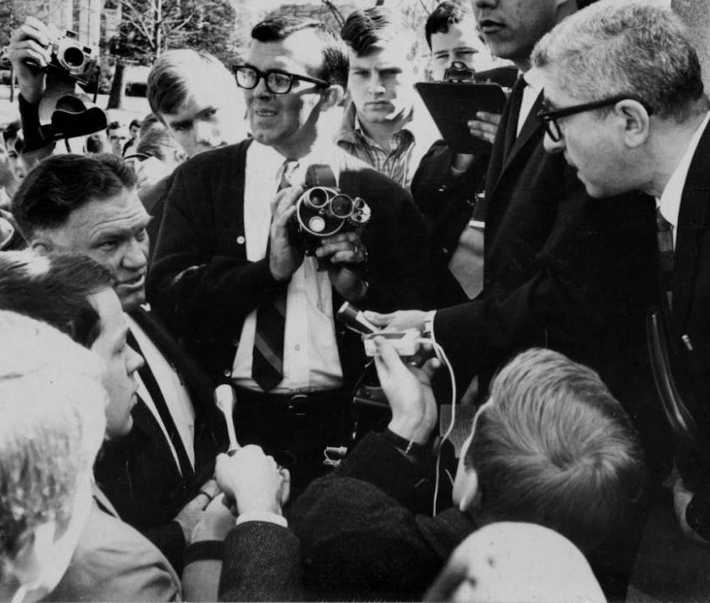 Herbert Aptheker, a member of the Communist party, delivers an anti-Vietnam lecture on Franklin Street under the speaker ban on March 9, 1966.