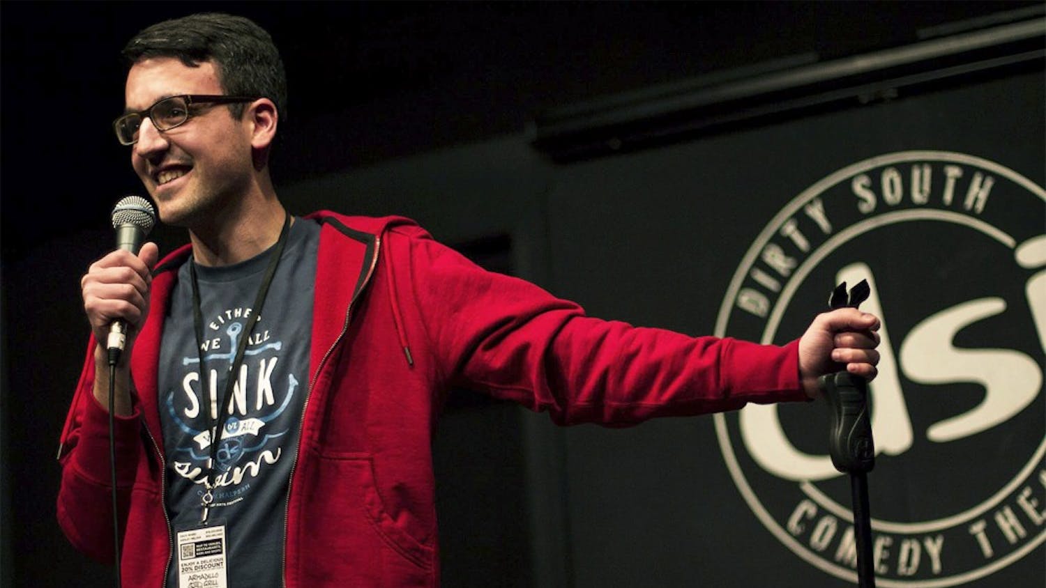 Andrew Aghapour, a Ph.D. student and stand-up writing workshop teacher, performs at N.C. Comedy Arts Festival on Feb. 5. Courtesy of Ryan Kelly Coil. 