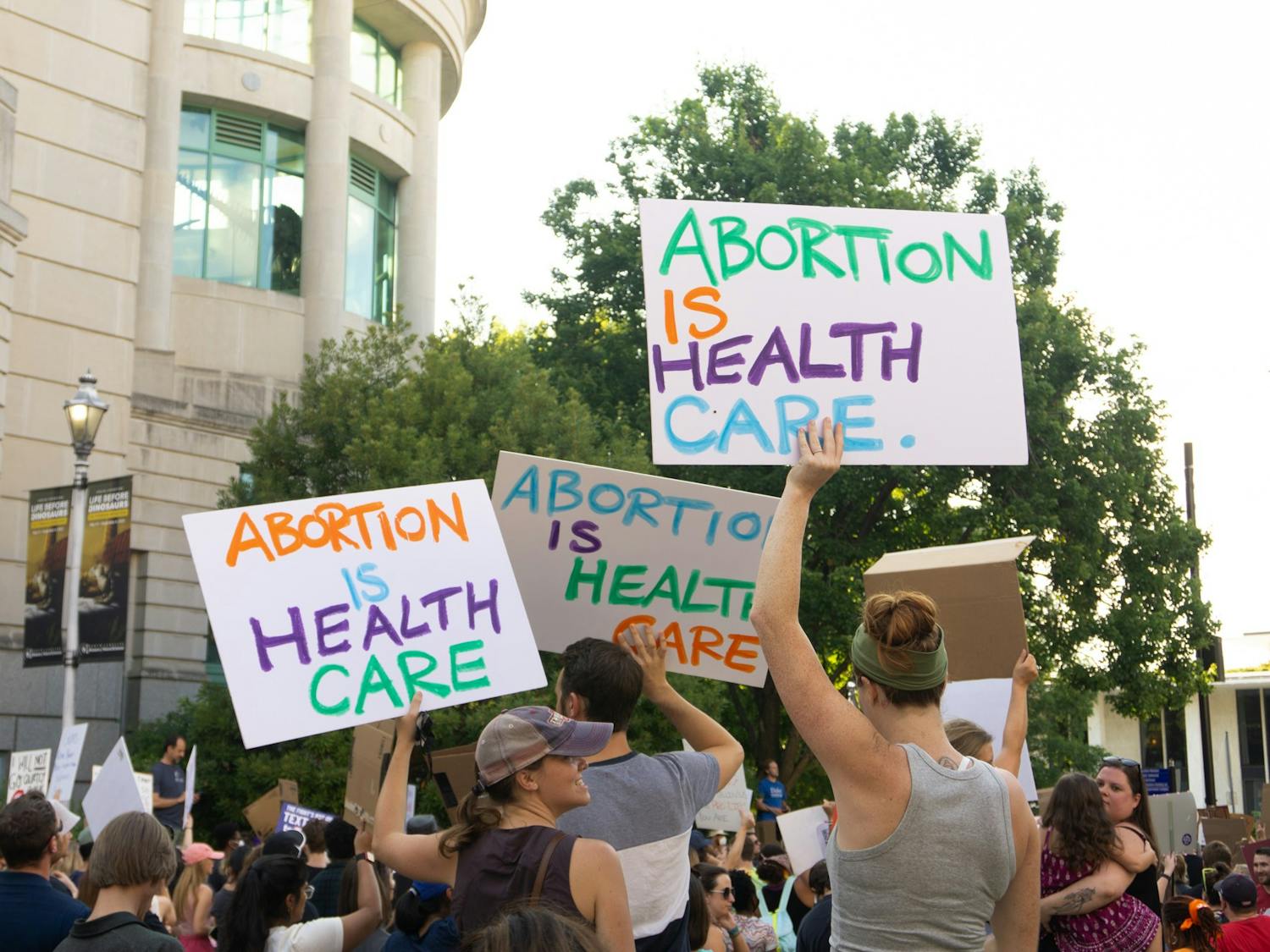 Supporters of abortion rights gather in Raleigh to protest the U.S. Supreme Court's decision to overturn Roe v. Wade on June 24, 2022.