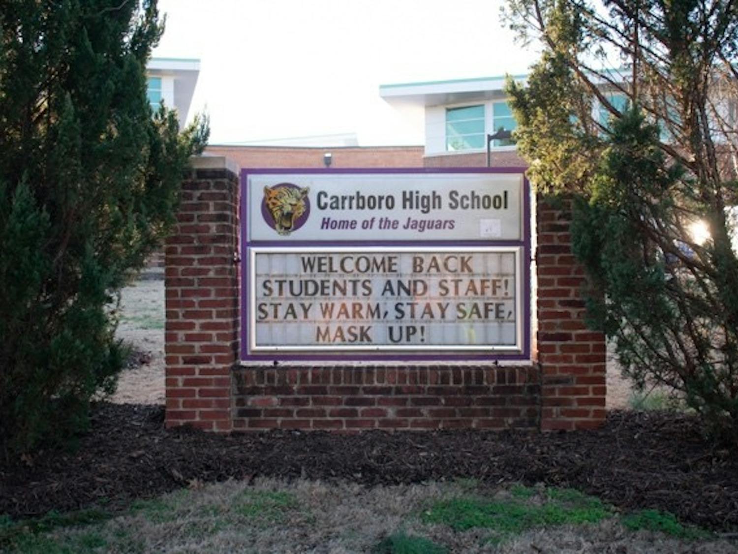 Carrboro High School's entrance sign is pictured on Friday, Jan. 7, 2022. 