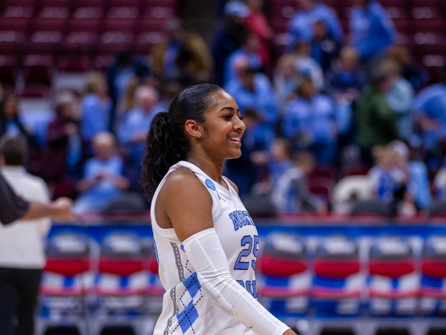 UNC junior guard Deja Kelly smiles after UNC’s NCAA Tournament first-round game against the St. John’s Red Storm in the Schottenstein Center in Columbus, Ohio on Saturday, March 18, 2023. The Tar Heels won 61-59.